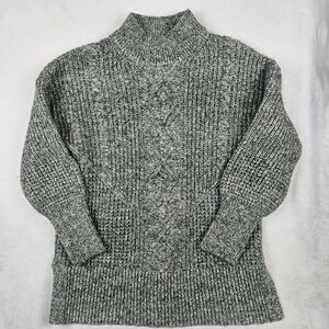 Fat Face Women's Mock Neck Cable Knit Chunky Sweater Wool Blend Green White Cozy